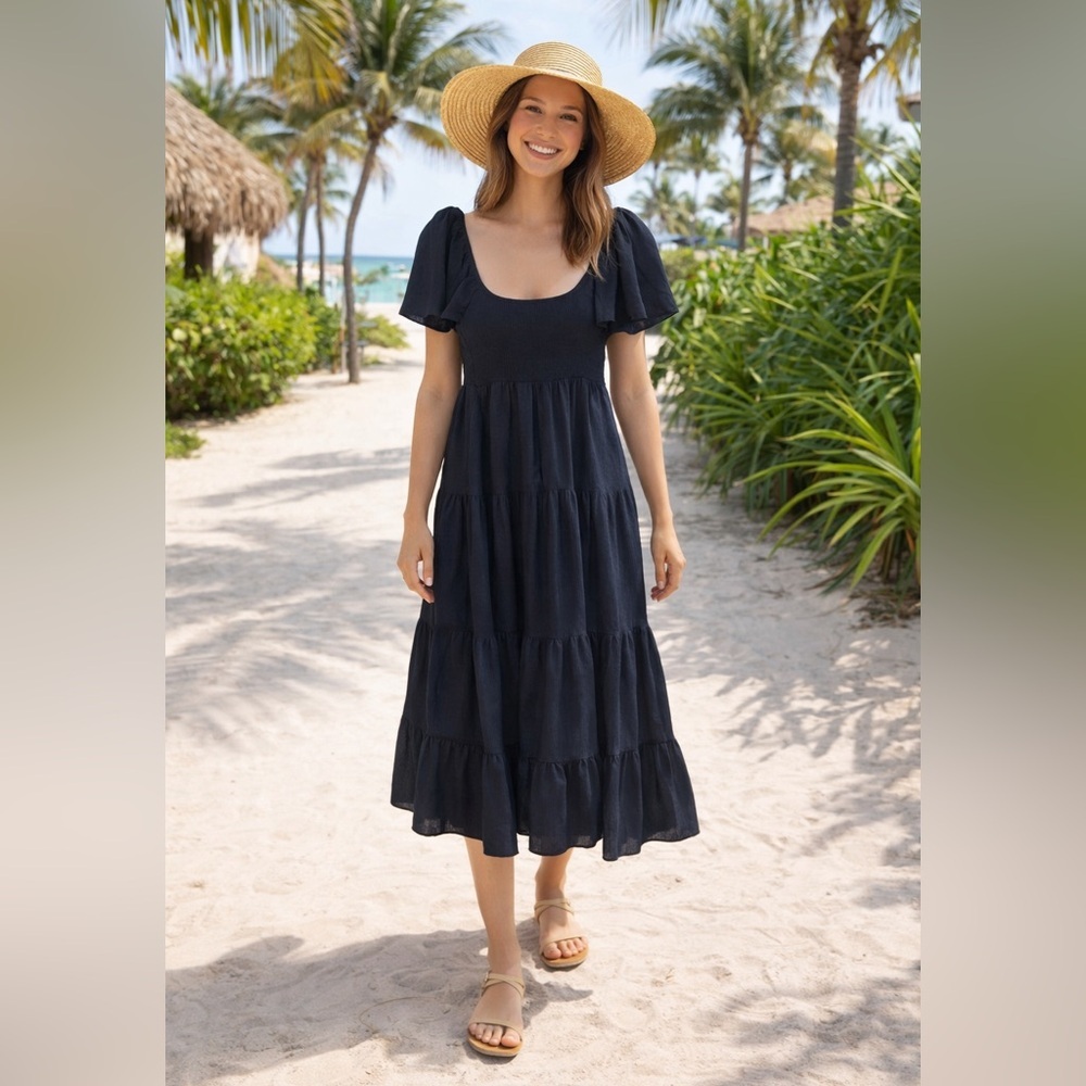Abercrombie & Fitch Black Midi Dress Smocked Back Sz Small Tiered Skirt